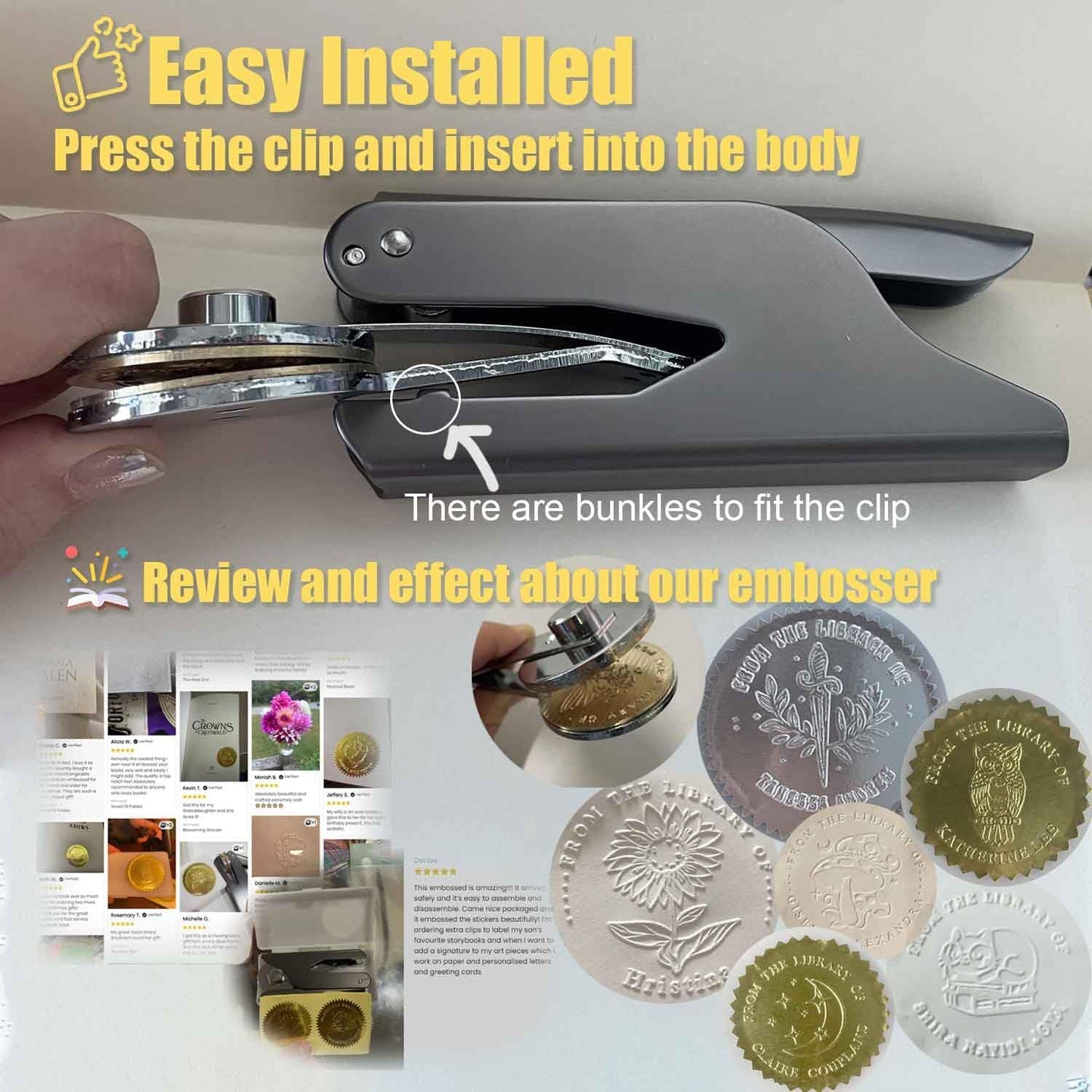 Custom Book Embosser Stamp Personalized for Book Lover, Personal Stamp Gift for Book, Ex Libris, Envelop, Sticker, Wedding Invitation, Embossing Stamp Includes 10pcs Stickers (Black)