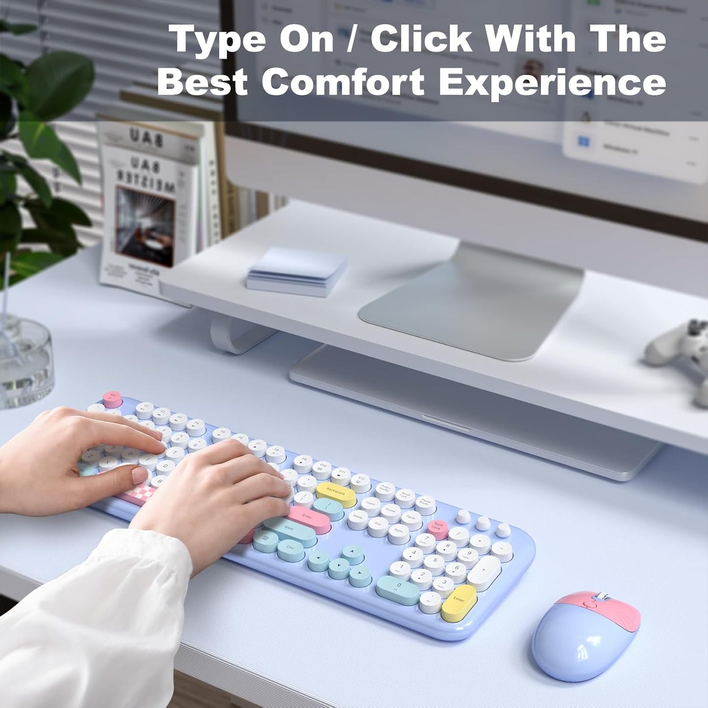 Wireless Keyboard and Mouse, Full Size Typewriter Keyboard and Cute Cat Shape Design Mouse Combo for Windows 7/8/10, Laptop, Desktop, PC, Computer (Blue)
