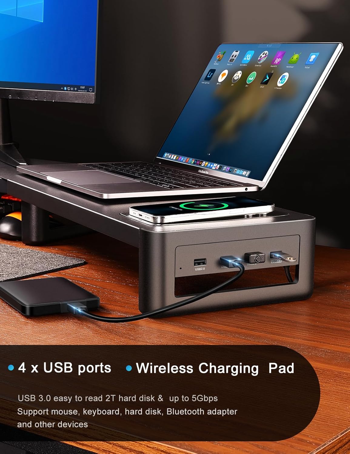 Monitor Stand with Wireless Charging and 4 USB Ports, Steel Monitor Stands for 3 Monitors, Metal Computer Stand Riser for Desk, Office, Laptop, PC up to 32 Inches (Black)