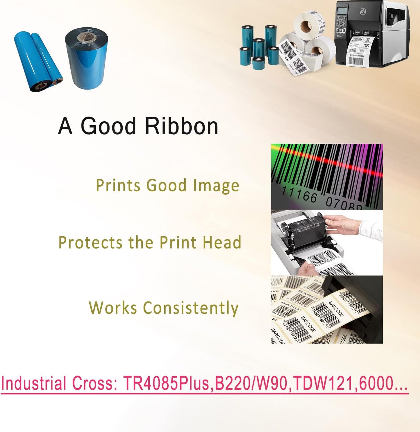 2.52'' x 1476' Premium Resin Enhanced Wax Ribbon, 64mm x 450m Black Thermal Transfer Ribbon for Barcode Thermal Label Printers, CSO-Ink Outside, 1'' Core for Zebra, TSC, GoDex, Citizen (1 Roll)