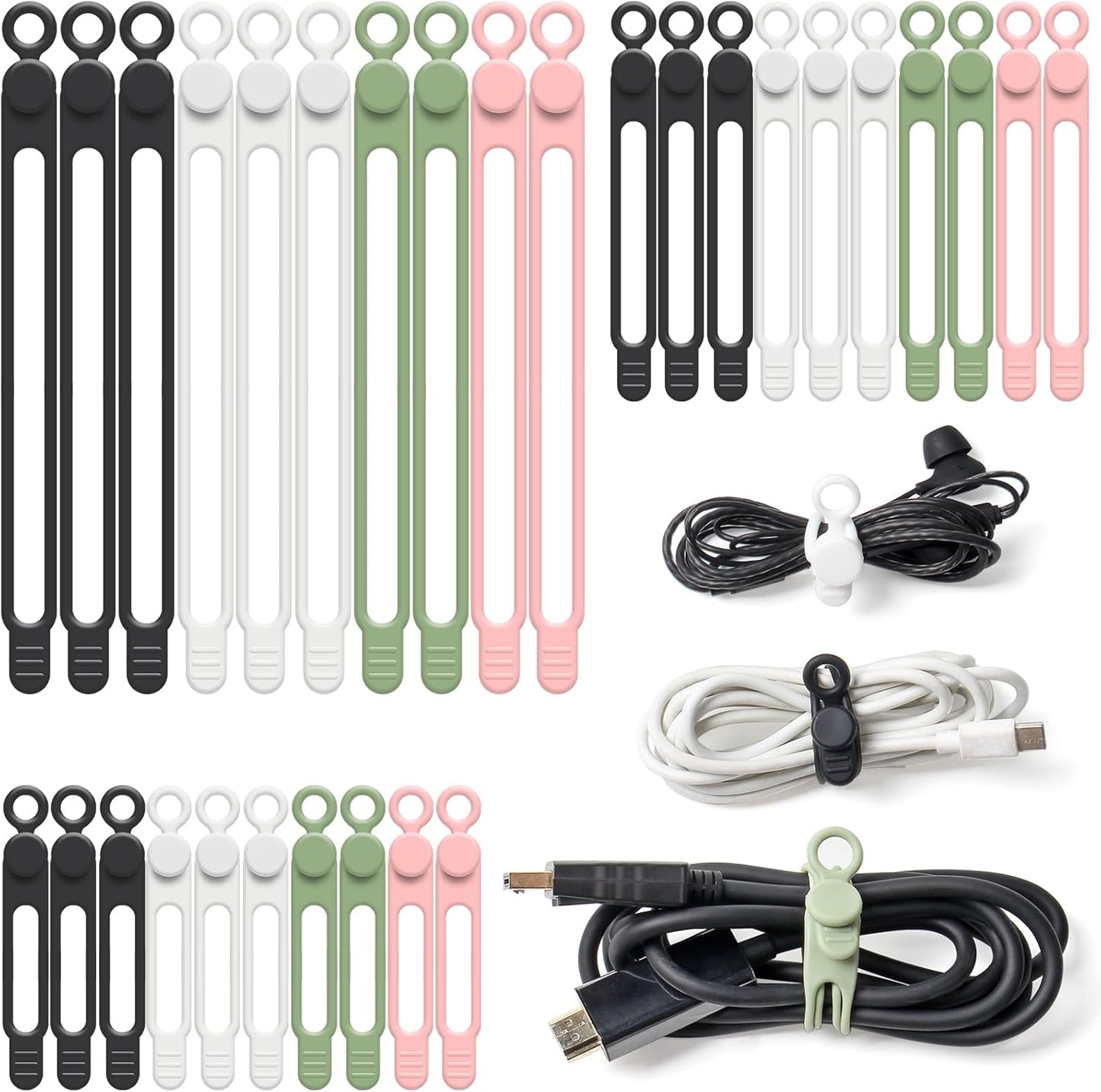 OneLeaf 30Pcs Cord Organizer, Silicone Cable Ties Reusable, Cord Ties for Electronics, Multipurpose Elastic Wire Ties, Travel Essentials for Cable Organizer, Wire Organizers for Fastening Cords
