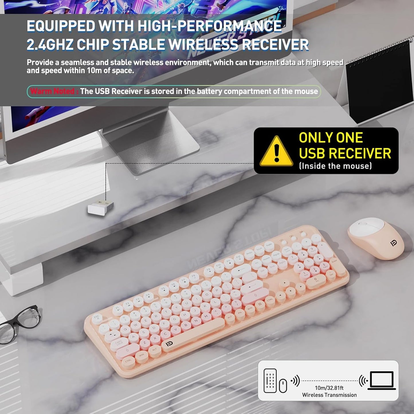 FOPETT 2.4GHz Wireless Keyboard and Mouse Set with Switch Button - Full-Size Keyboard - Compatible for Windows/Laptop/PC/Notebook/Smart TV and More - Pink