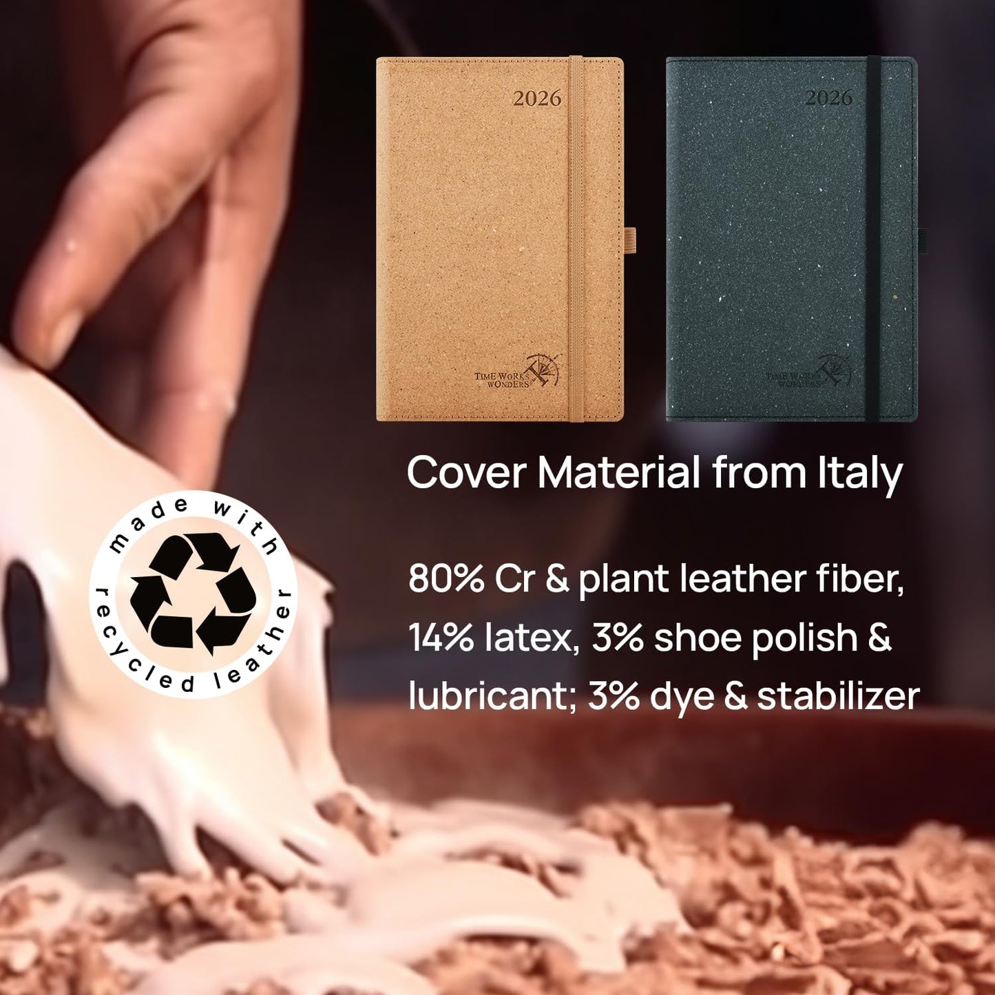 POPRUN 2026 Recycled Daily Planner 12 Months (A5 Medium Size 5.75'' x 8.5'') - One Page Per Day Calendar Hourly Appointment Book with Italian Regenrated Leather, Monthly Tabs, Pocket - Desert Brown