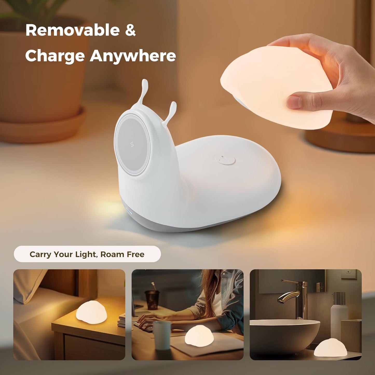2-in-1 Magnetic Wireless Charger Stand: Cute Snail-Shaped 15W Qi Fast Charging Pad for iPhone 16/15/14/13/12 Pro Max Series & Cordless Tap-to-Light Bedside Night Lamp - (Desktop/Nightstand)