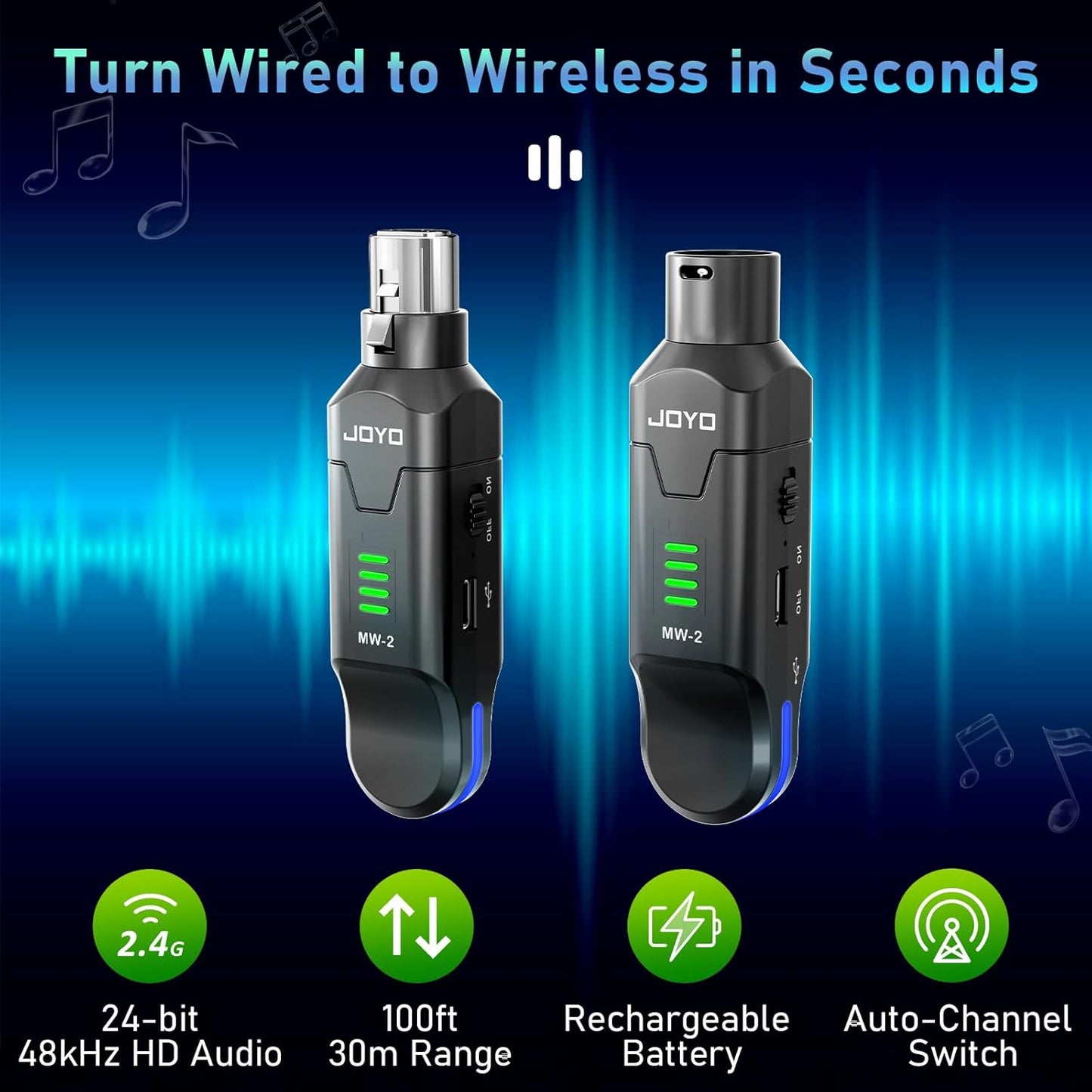 JOYO 2.4GHz Wireless Microphone System 4-Channel XLR Transmitter & Receiver Dynamic/Phantom-Powered Condenser Mics Adapter for PA Systems, Live Sound, Audio Mixer, Church, Studio (MW-2)