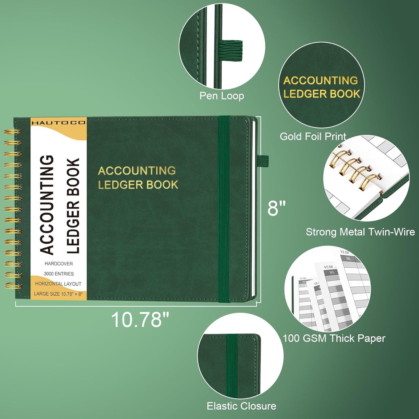 HAUTOCO Hardcover Accounting Ledger Book for Small Business Bookkeeping Horizontal Money Expense Tracker Notebook with 2 Storage Pouch, Personal Columnar Log Journal 10.78 x 8'', Dark Green