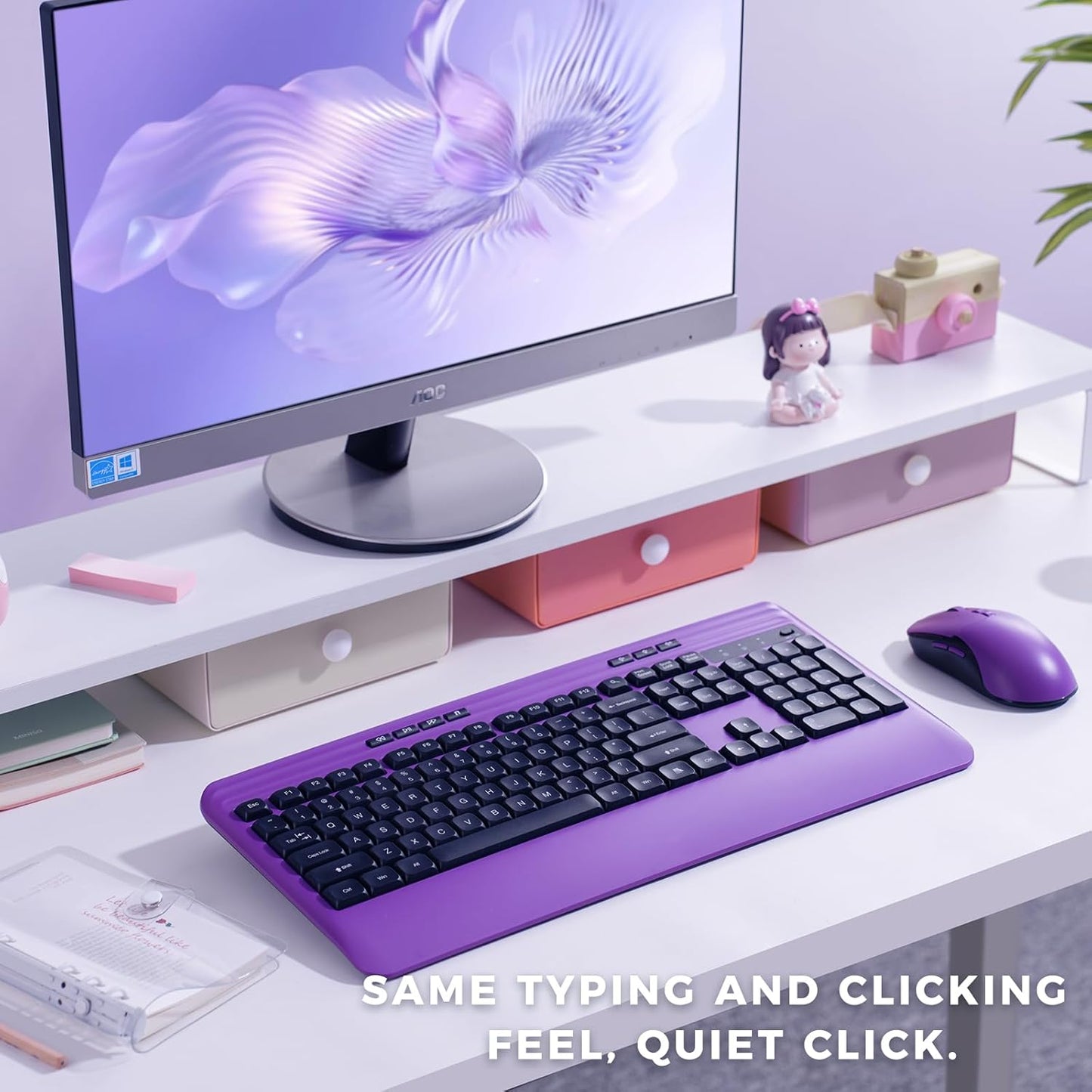 Silent Wireless Keyboard and Mouse Combo - Keyboard with Large Print Cover, 2.4GHz Full-Sized Ergonomic Keyboard with Wrist Rest and Mouse for Laptop, PC, Notebook, Desktop