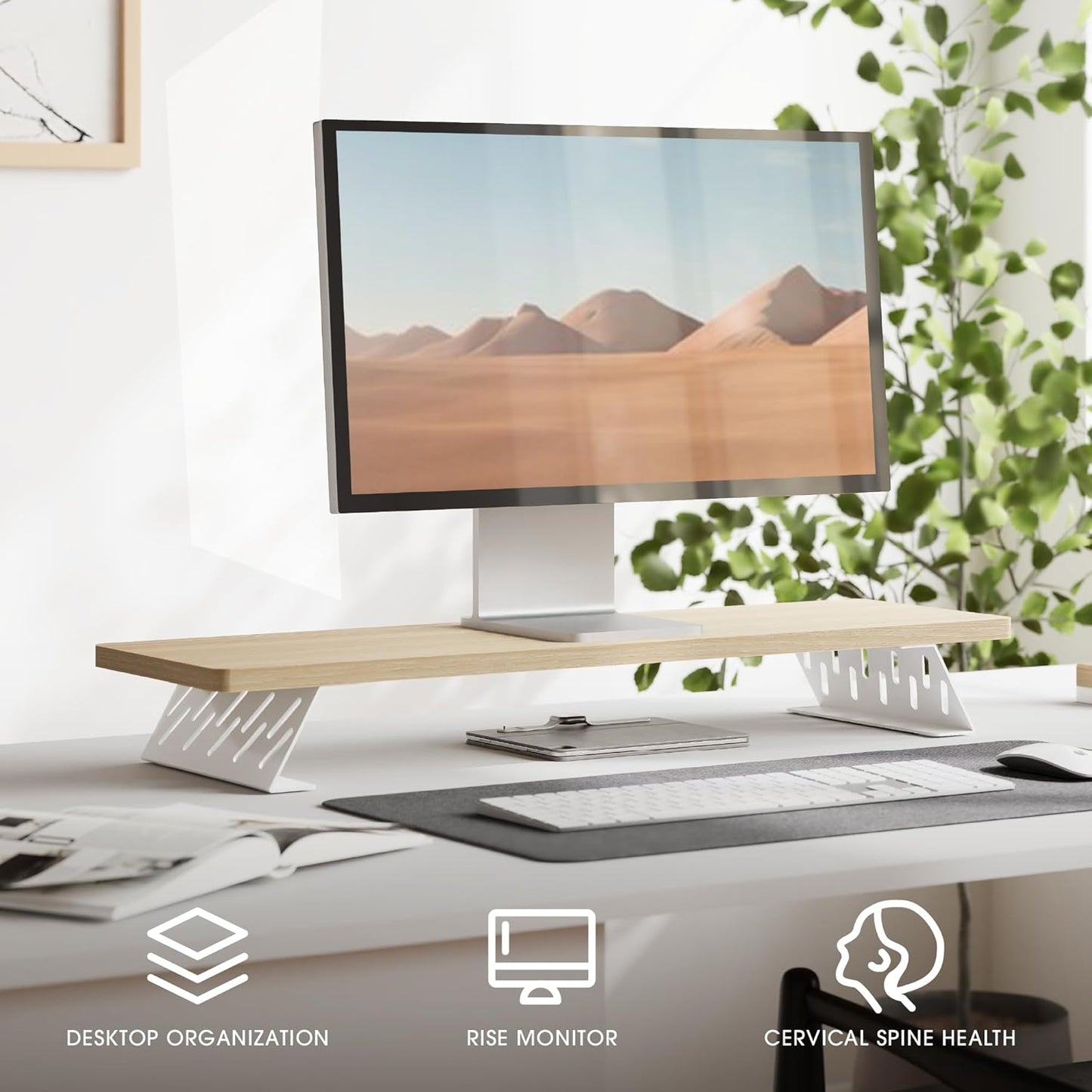 Fenge Monitor Stand Riser, Desk Top Shelf for 2 Monitors, Computer Stands for Desk, Wood & Steel Desktop Riser for Laptop, PC, Printer