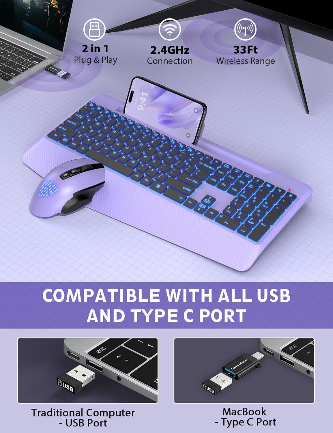 Wireless Keyboard and Mouse Backlits, Wrist Rest, LED Mouse, Rechargeable Ergonomic Keyboard with Phone Holder, Silent Light Up Combo for Computer, Mac, PC, Laptop, Chromebook (Purple)