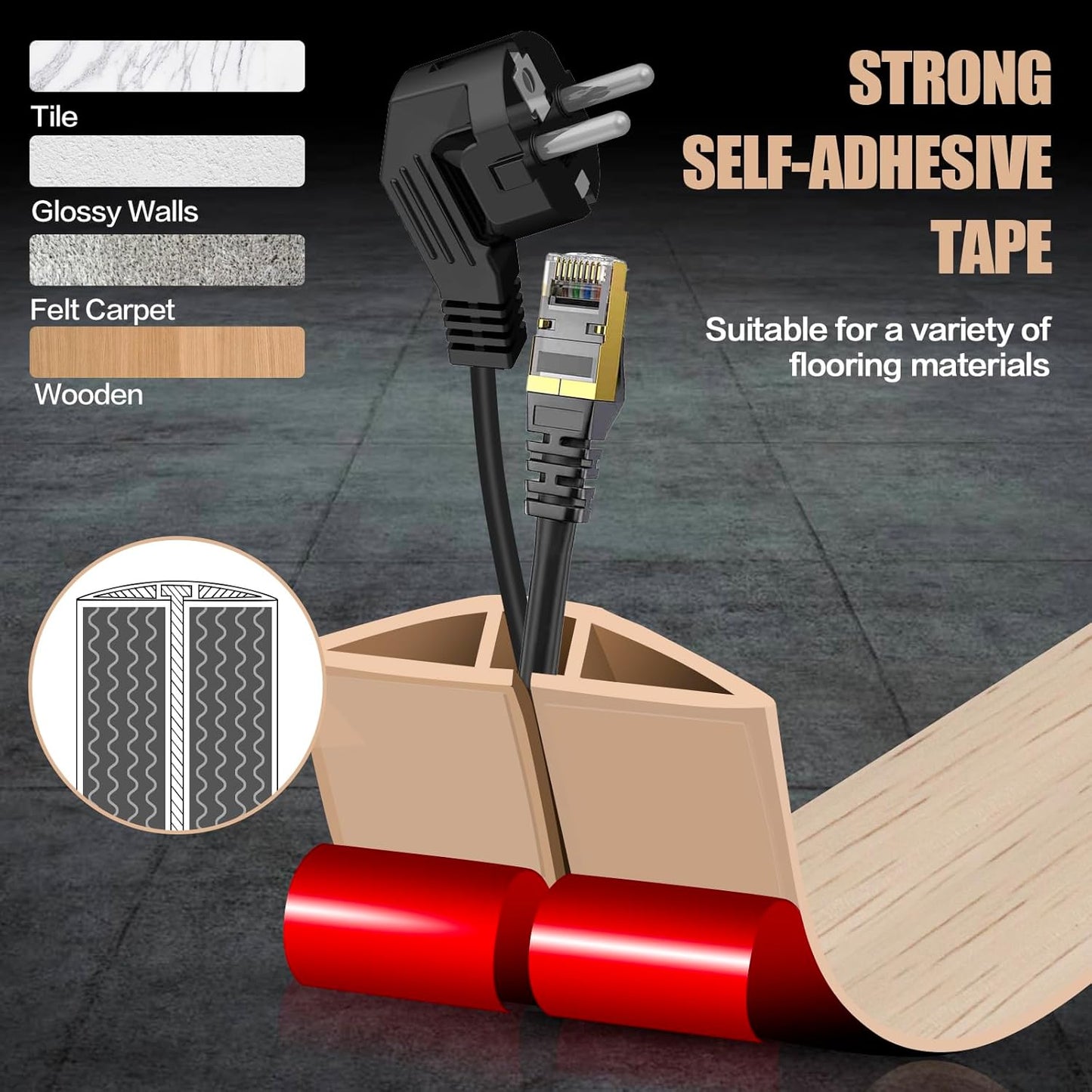 Floor Cord Cover Self Adhesive Cord Hider,3.3FT Cable Management, Extension Strip Protector for Wires, Prevent Cable Trips for Offices, Gyms, Exhibitions Cavity:0.3"(W) x 0.28"(H) Yellow Wood