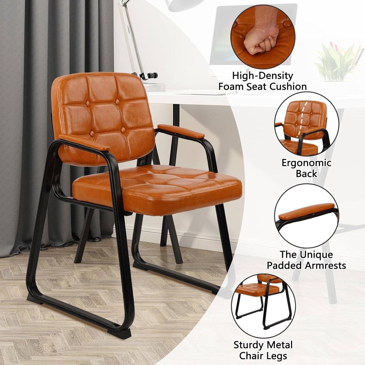 CLATINA Office Guest Chair, Leather Reception Chairs with Padded Arms, Desk Chair No Wheels Stationary for Conference Lobby Waiting Room Training Side Elderly, Set of 4-Orange