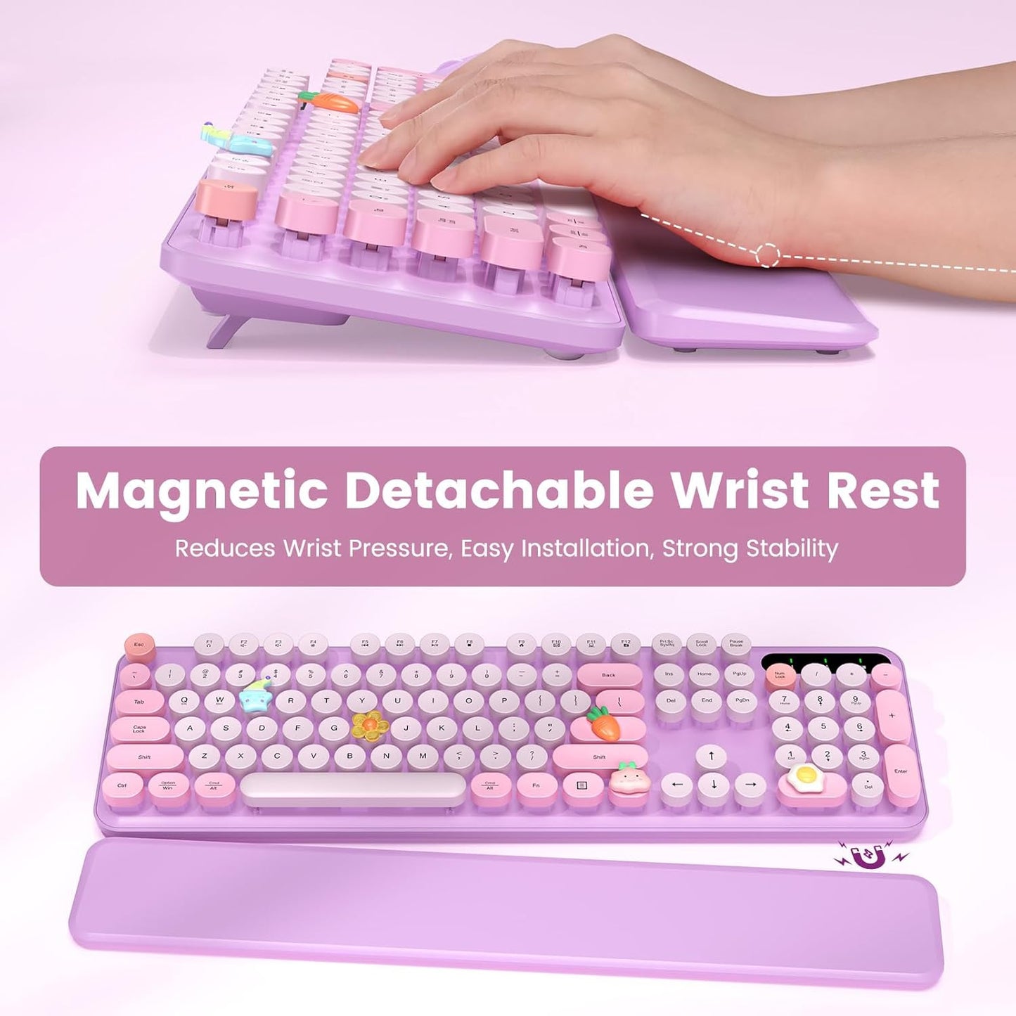 Wireless Keyboard and Mouse Combo-Round Keycaps, Full-Size Retro Typewriter Keyboard with Detachable Wrist Rest, Sleep Mode & Tilt Legs, 2.4GHz Cordless Connection for Mac/Windows/PC (Lavender Purple)