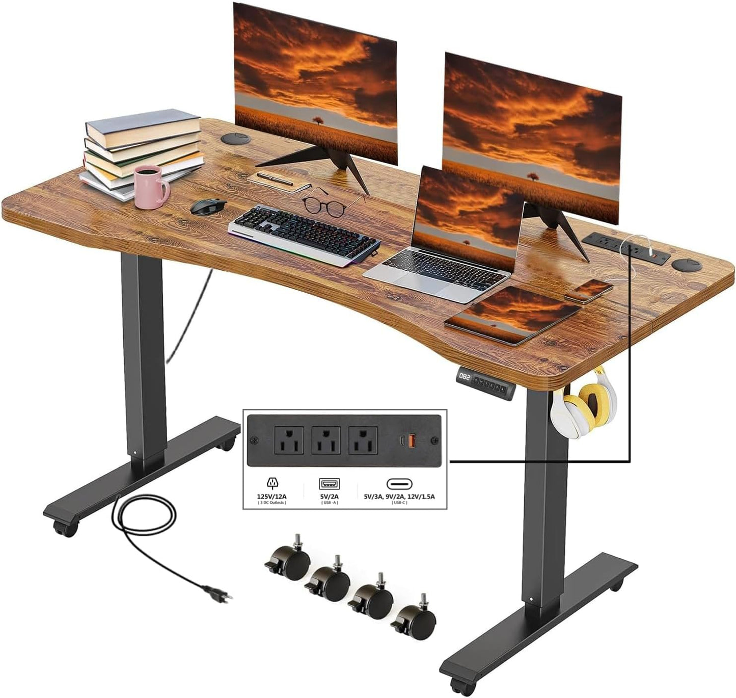 Electric Standing Desk 55 x 24 Inches Adjustable Height Ergonomic Sit Stand Up Desk Curved for Home Office Computer Workstation with 2 USB Ports 3 Power Outlets Memory Preset Wheels, Brown
