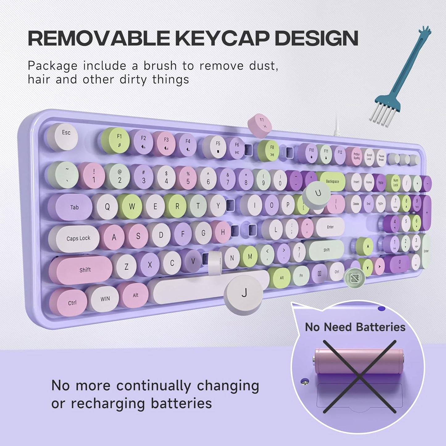 Wired Keyboard, 104 Keys Full-Sized Typewriter Keyboards, USB Office Keyboard with Number Pad, Caps Indicators, Foldable Stands for Windows, PC, Laptop, Desktop (Purple Colorful)
