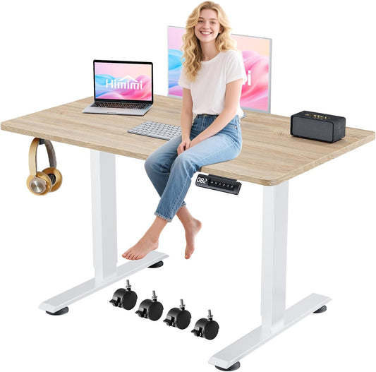 Himimi Electric Standing Desk 48 x 24 inch for Home Office,Sit-Stand Adjustable Desk with Memory Presets,Height Adjustable Desk for Gaming/Working,Free Hook, Lockable Wheels,Oak
