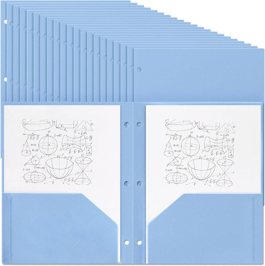 Yeaqee 100 Pcs Plastic Folders with Pockets Bulk 3 Hole Punched 2 Pocket File Folders for 3 Ring Binder Divider Folder for Notebooks, Durable Poly for Office Home (Haze Blue)