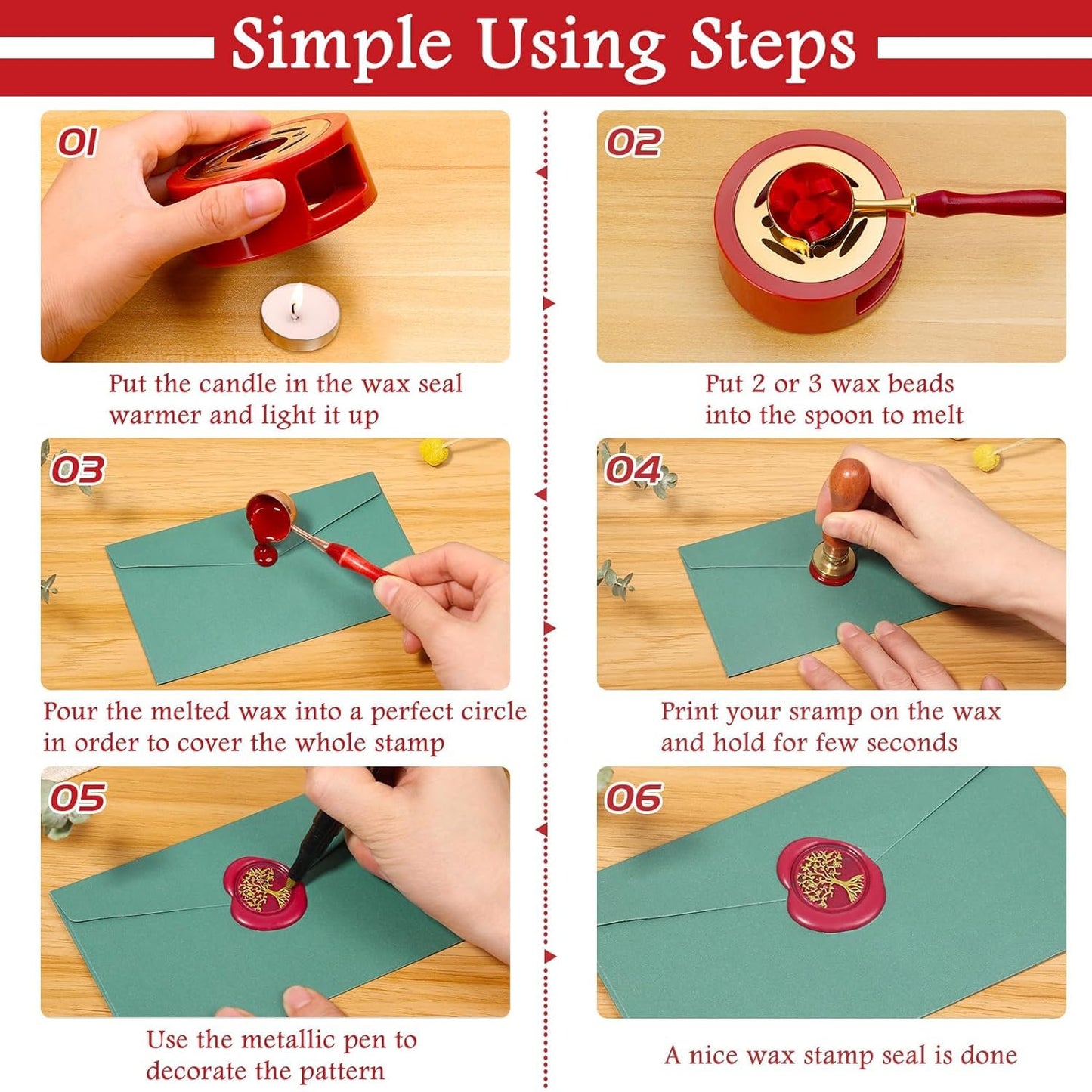 Paxcoo Sealing Wax Kit with Wax Seal Beads, Stamp, Warmer, Spoon, Envelopes for Letter Sealing