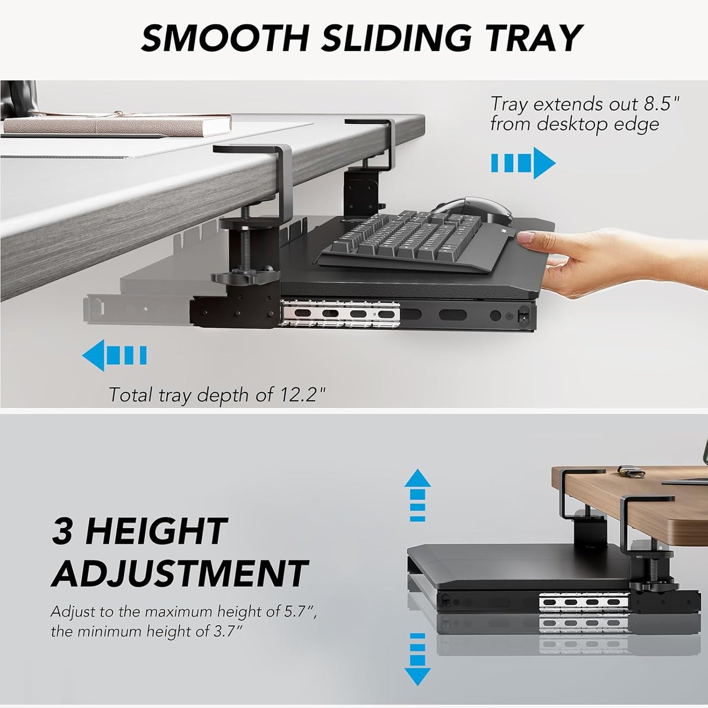 AX WABER Keyboard Tray Under Desk Pull Out with Extra Sturdy Adjustable C Clamp Mount System, 27.3 (32.5 inch Including Clamps) x 11 Inch Slide-Out Platform Computer Drawer for Typing, Black,AX01WB01