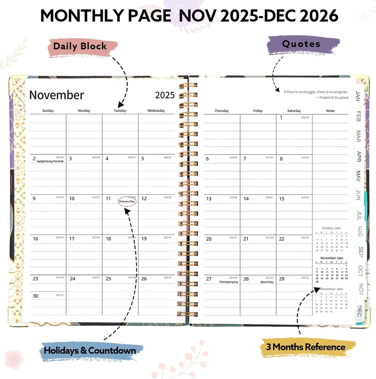 2026 Planner, Weekly and Monthly Planner, January 2026 - December 2026, Calendar Planner A5 (6.5" x 8.5") with Tabs, Inner Pocket for Home School Office Supplies, Blue Flower