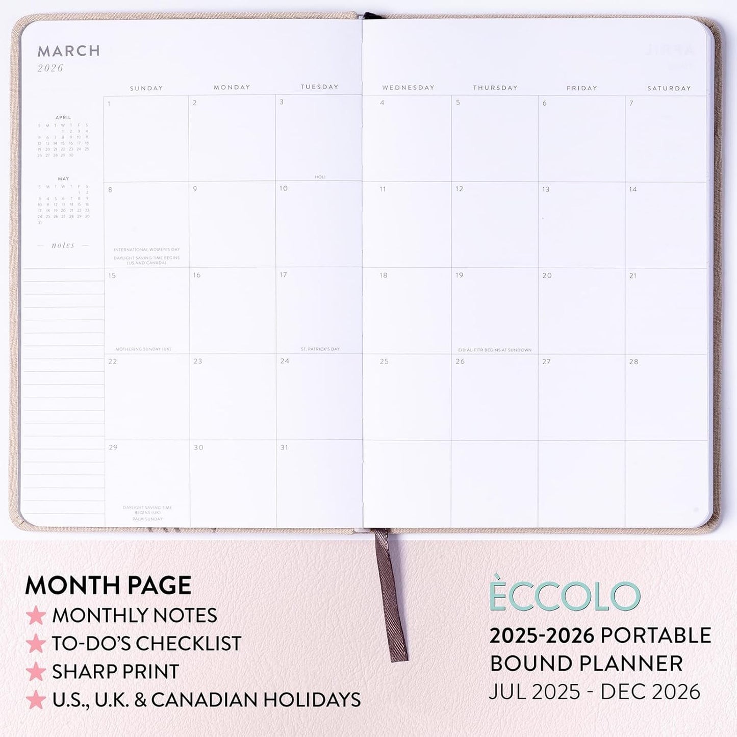 2025-2026 Eccolo 18 Month Linen Bound Planner, Monthly & Weekly Pages (5.25 x 7.75" - July 2025 - Dec 2026)