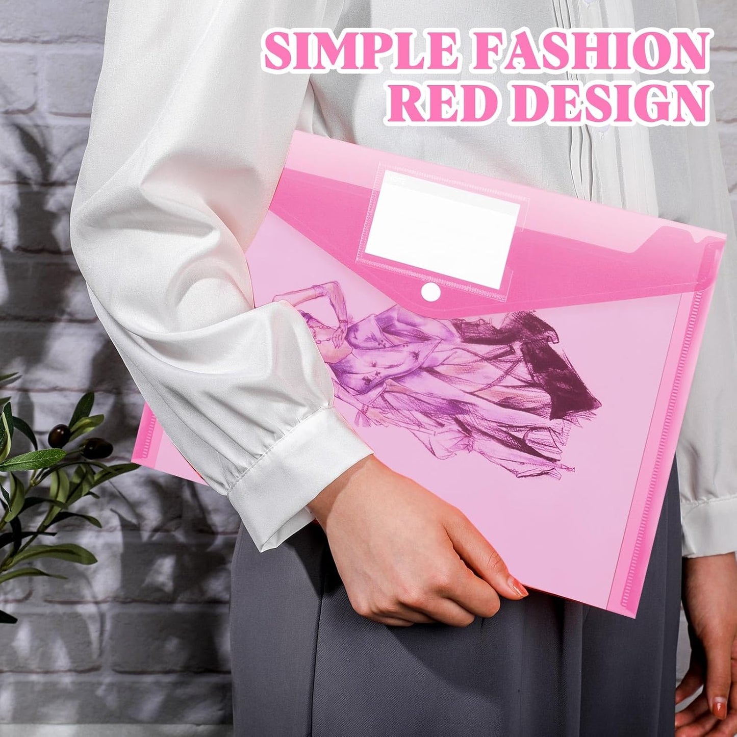 Lincia 24 Pcs Plastic Envelopes A4 Size Poly Envelopes File Folders Work Document Holder Office Paper Plastic File Organizer with Label Pocket Snap Button Home Bag for School (Rose Red)