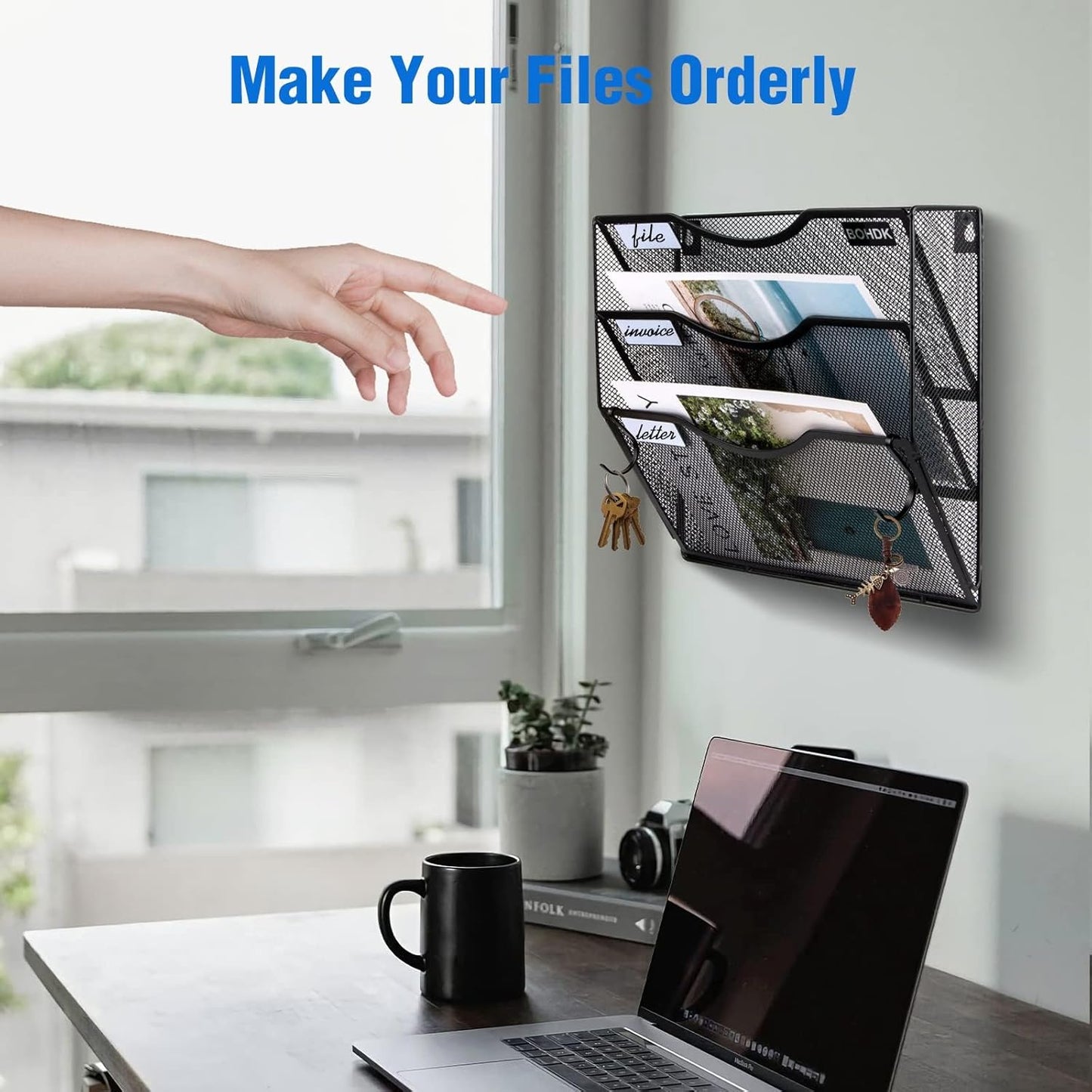 Wall File Organizer, 3 Tire Hanging File Folder Mail Organizer, Vertical Mesh Metal Door/Wall Mount Hanging File Holder, Paper Document Magazine Rack with Hooks for Home Office Black