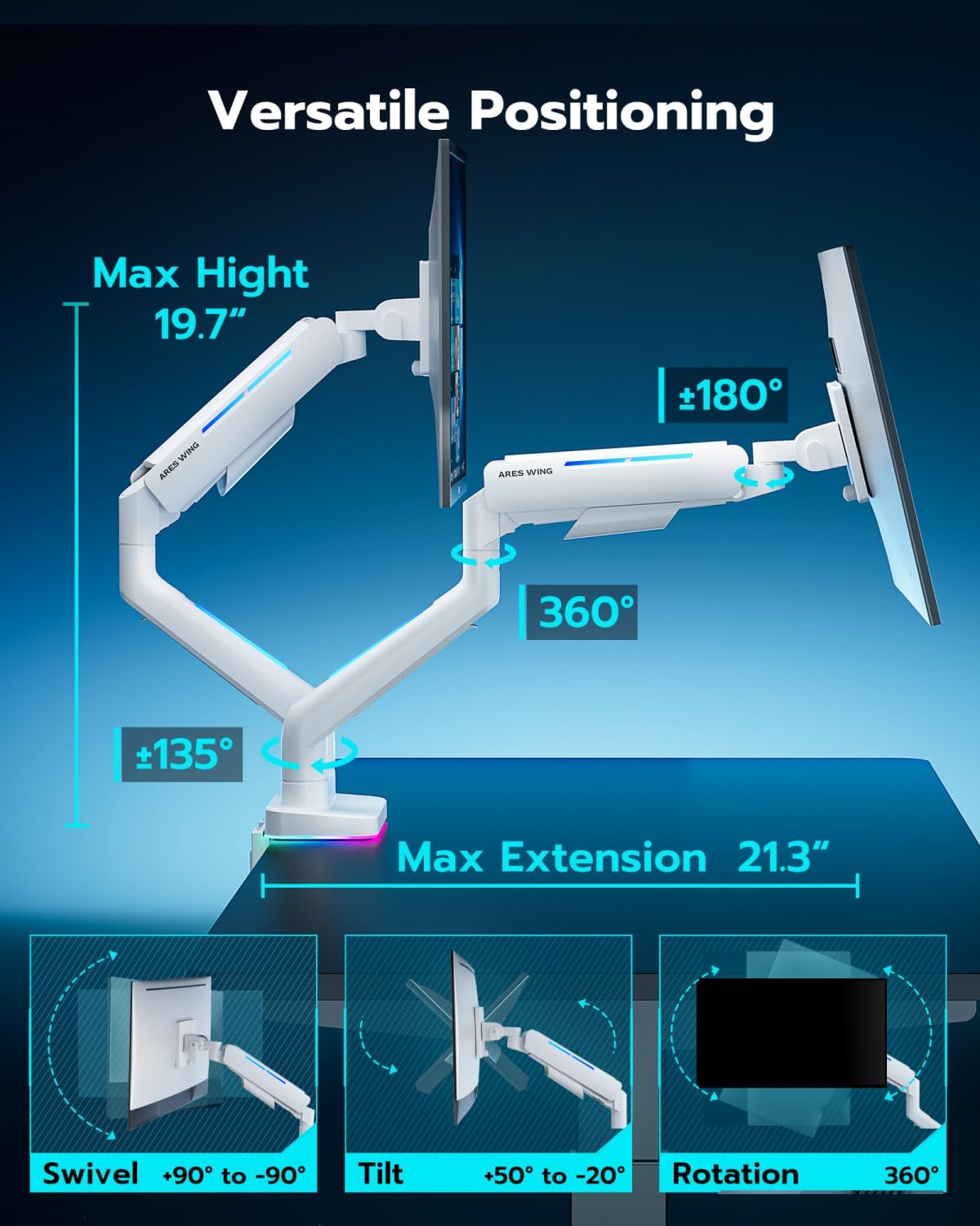 ARES WING Dual Monitor Mount for 17-35 Inch Ultrawide Heavy Duty Curved Screen, Computer Monitor Arm Desk Mount, Gas Spring Adjustable Dual Monitor Stand for Desk, White