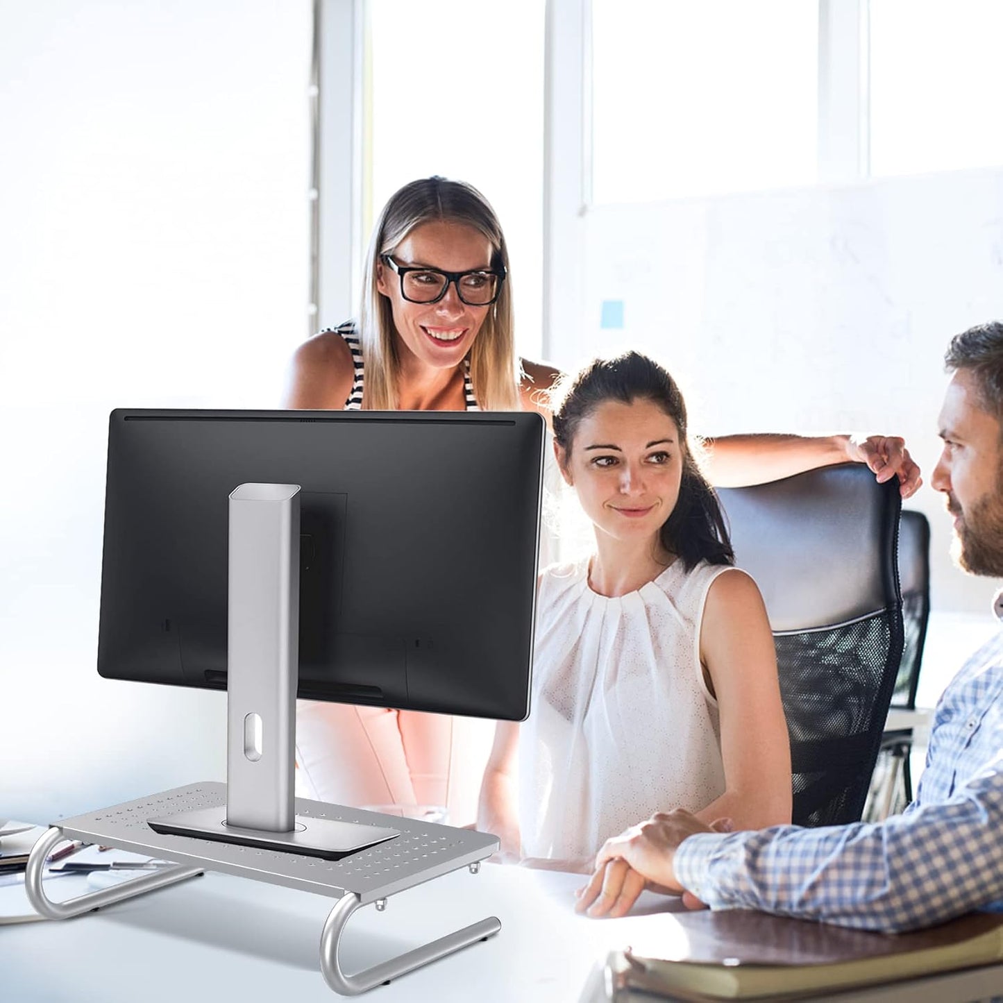 suptek Monitor Stand Riser, Laptop Holder Printer Riser Desk Accessories, Vented Metal Platform and 4 inches Height Underneath Storage for Office Supplies (MST004S-2), 2 Pack, Silver