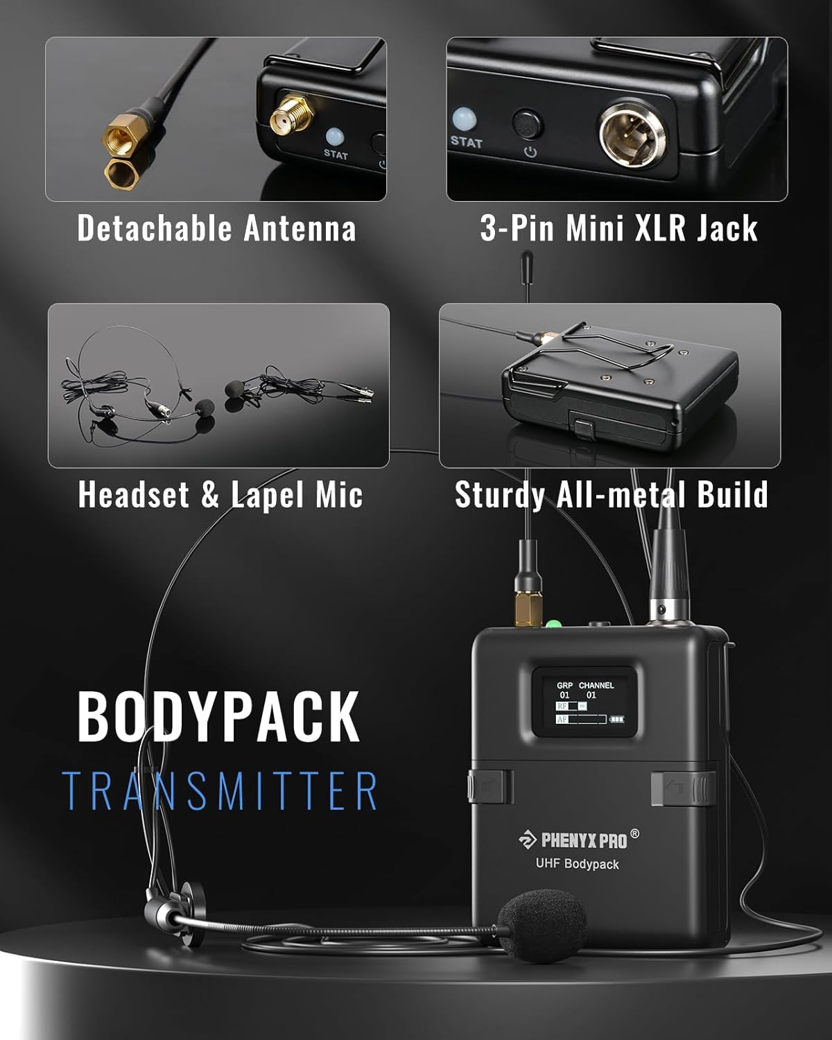 Phenyx Pro Wireless Microphone System, True Diversity Dual Cordless Microphone Set w/UHF Handheld/Bodypack/Headset/Lapel Mics, Auto Scan, 2x1000 Channels for Stage & Studio (PTU-2U-1H1B)