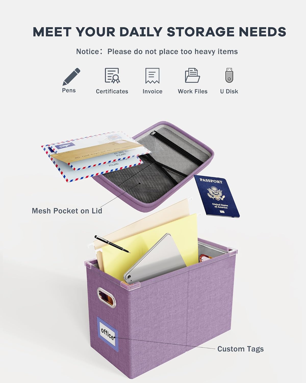 Oterri File Organizer with Lid, Hanging Filing Box with Mesh Pocket, Document Organizer for Letter Files, Portable Storage Box for Office & Home (1 PCS, Taro Purple)