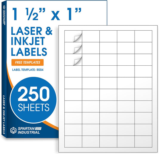 1 1/2" X 1" Matte White Printable Labels Compatible with Inkjet and Laser Printers - 250 Sheets, 12500 Total Paper Stickers for Return Addresses, UPC and EAN Barcodes - Spartan Industrial