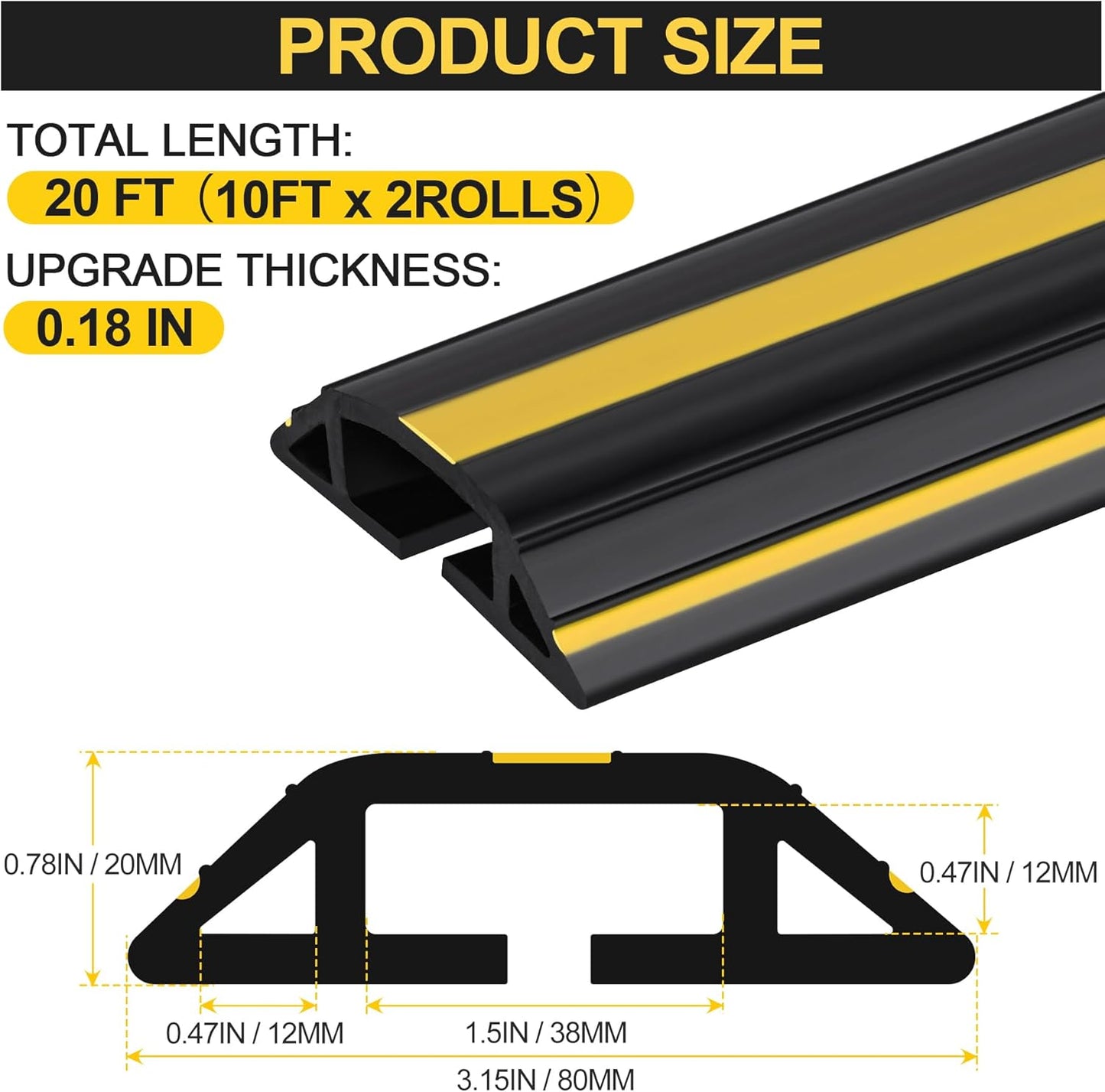 MYFAMIREA 20FT Floor Cord Cover Heavy Duty Cable Cover Protector 3 Channels Extension PVC Floor Wire Cover Outdoor Cord Hider Management Cord Cover for Wire on Floor Home Office Outdoor (2PCS 10FT)