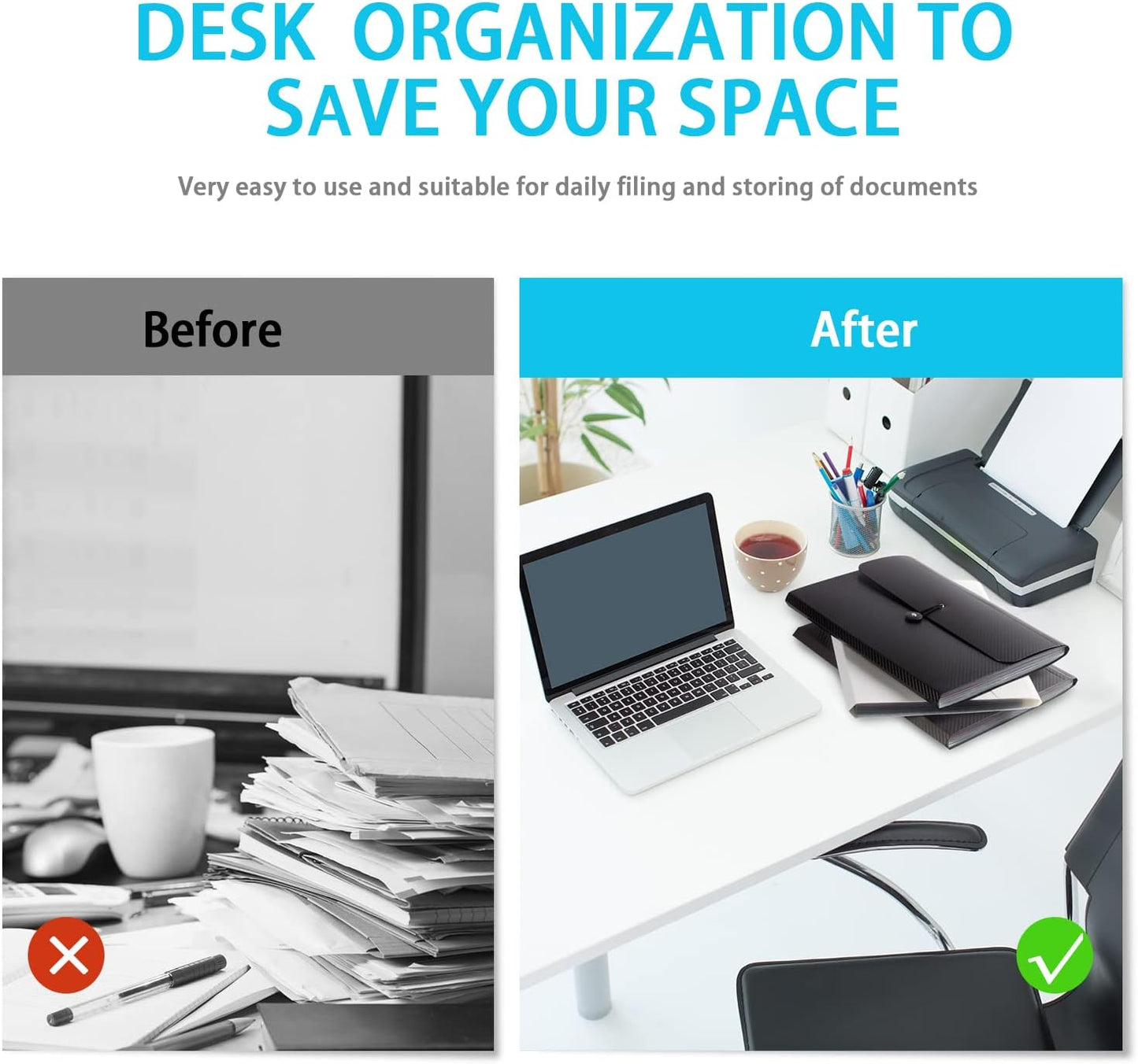 Expanding File Folder, 13 Pockets, Light Blue, Polypropylene for Work, School, Home, Office