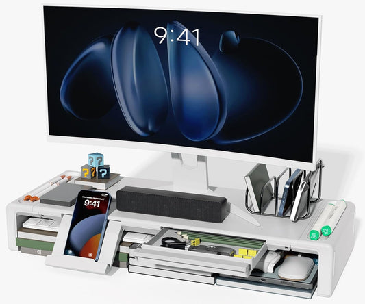 OImaster Monitor Stand Riser, Foldable Computer Monitor Riser, Adjustable Length Computer Stand and Storage Drawer & Pen Slot, Phone Stand Compatible Computer, Desktop, Laptop, Save Space (White)