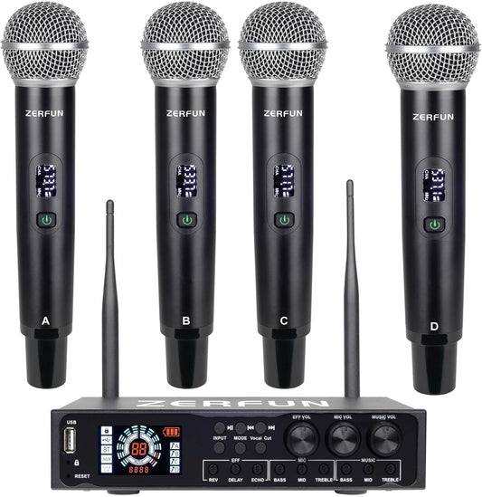 4 Channel Rechargeable Wireless Microphone System Pro & Pre Effector, UHF Metal Handheld Cordless Mics with Vocal Cut, Bluetooth, USB Port, XLR, 1/4, Optical, RCA Input/Output, LCD Display