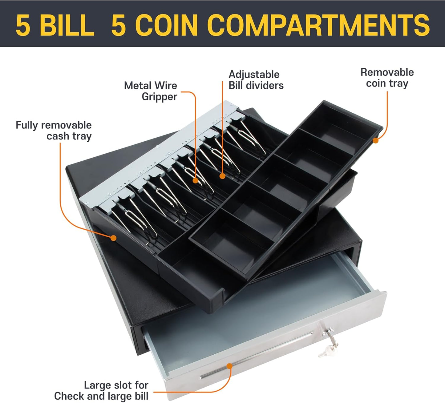 HK SYSTEMS 16inch Cash Drawer for POS, No Logo, Black, DC 24V/Micro Switch, RJ12, 1slot, Removable and Adjustable cash tray 5-bill/5-coin Metal wire gripper, 6Keys #135, Stainless Steel front, HK box