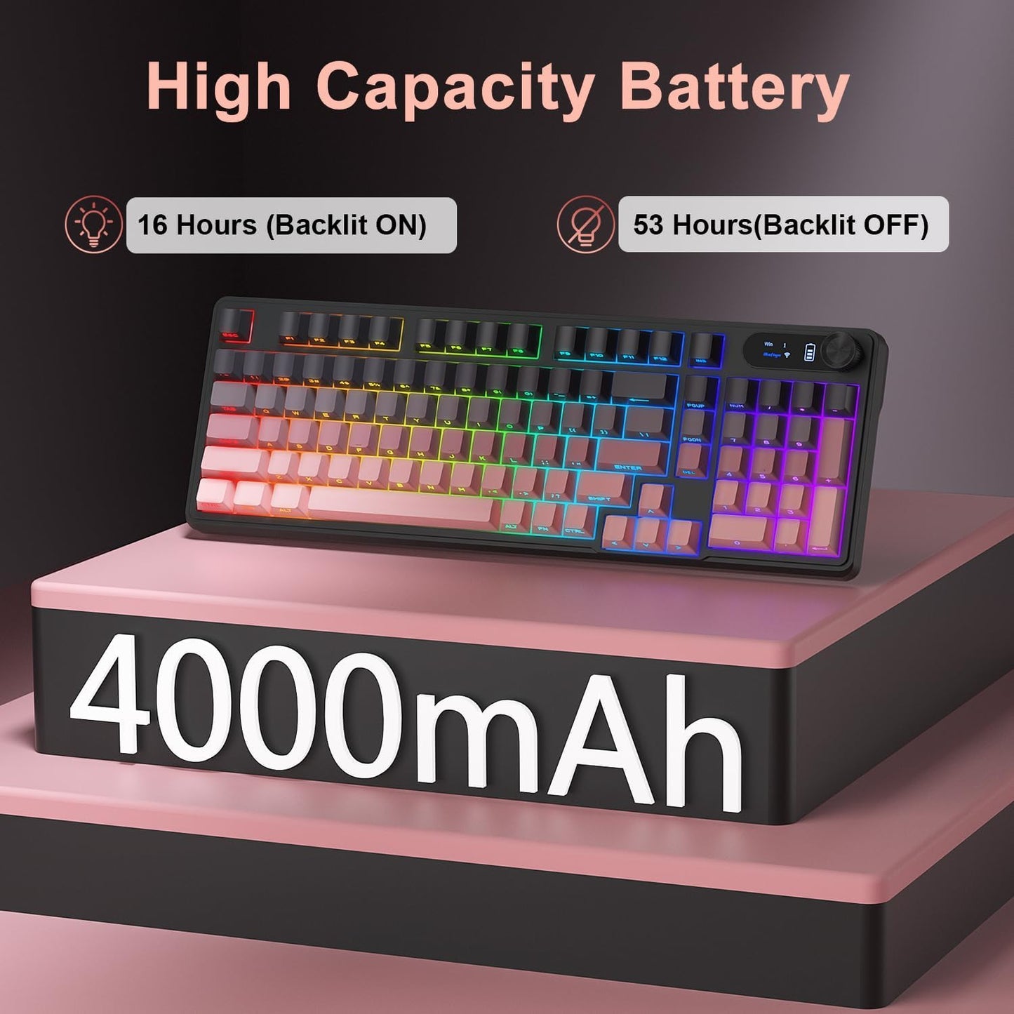BlueFinger Wireless Gaming Keyboard, RGB Backlit, Tri-Mode Bluetooth/2.4G/USB-C, 98 Keys Quiet Keyboard with Number Pad, Volume Knob & Screen, Side Printed PBT Keycaps for PC/Mac/Laptop