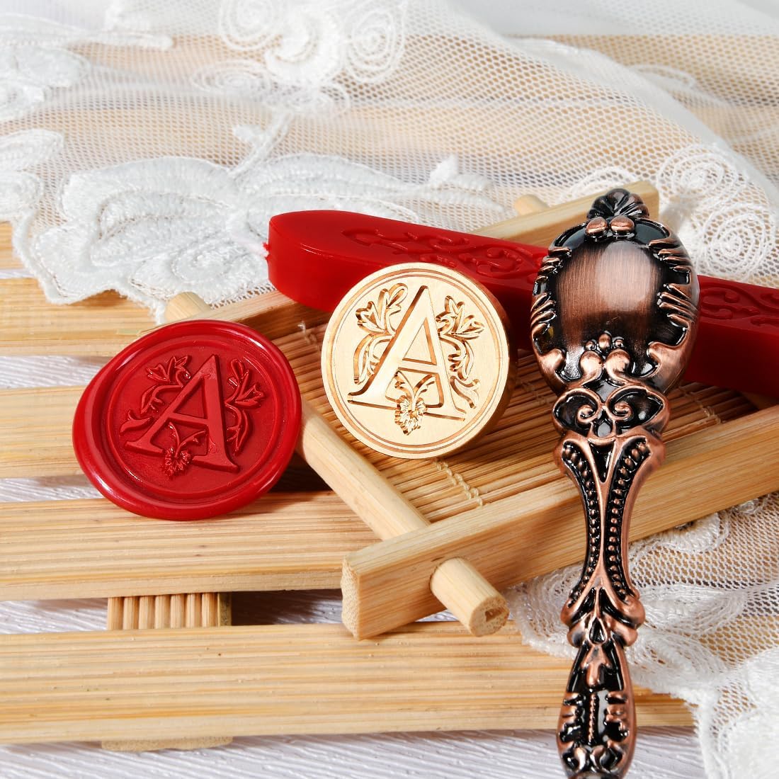 Wax Seal Stamp kit, Envelope Wax Seals DIY Kit - Retro Sealing Wax Candle + Classic Initial Alphabet Seal Wax Seal Stamp Letter A - in Blue Gift Box