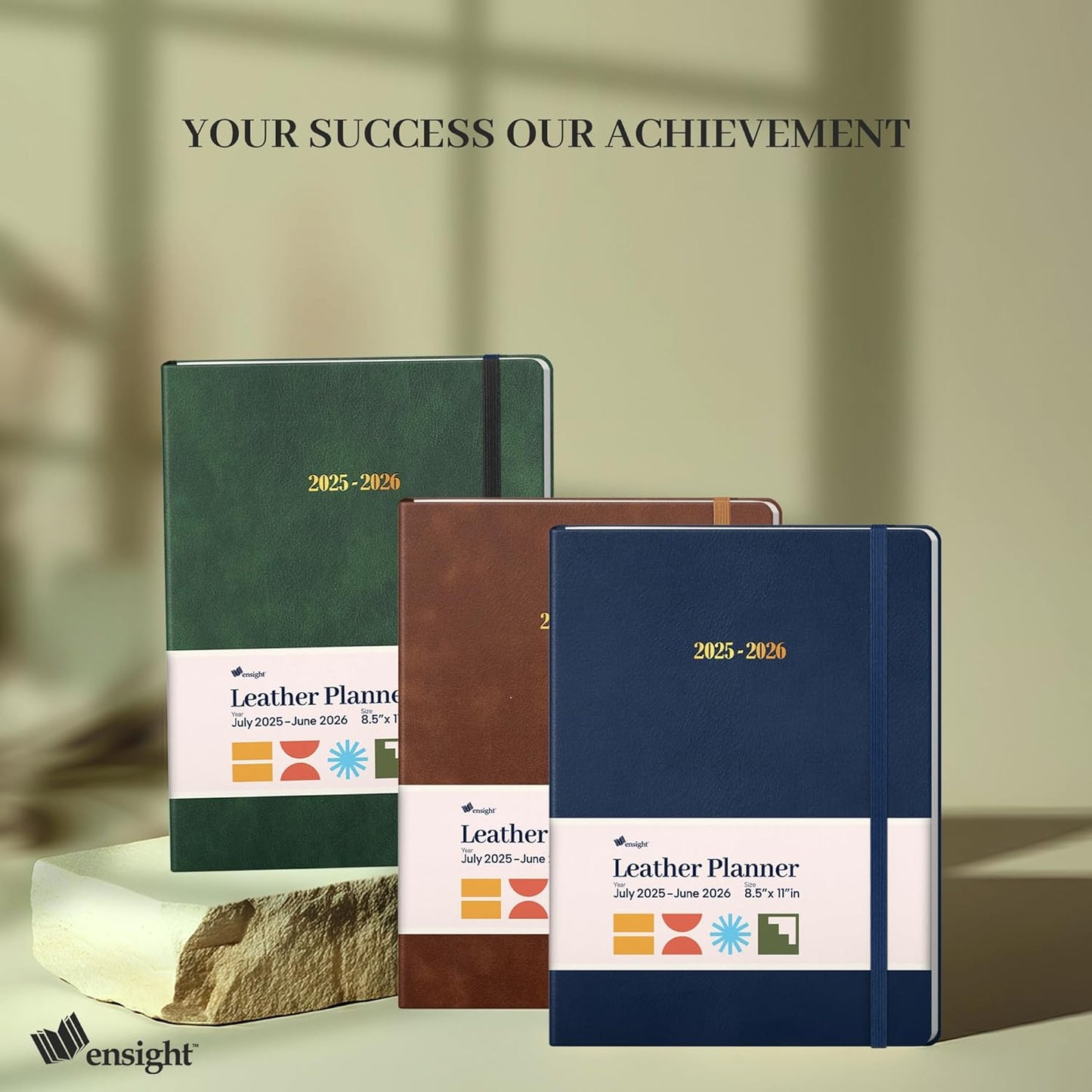 Ensight 2025-2026 HARDCOVER Leather Planner Weekly & Monthly - 8.5x11 Inches - Academic Planner Business Personal or Student - Pen Holder, Thick Paper, July 2025 - June 2026 (Green)