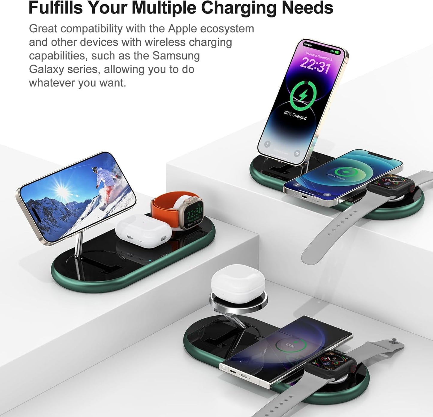 3 in 1 Charging Station for Apple Devices, Faster Mag-Safe Charger Stand, Magnetic Wireless Charger Station for iPhone 16 15 14 13 12 Pro Max Plus, Apple Watch iwacth & AirPods, (Alpine Green)