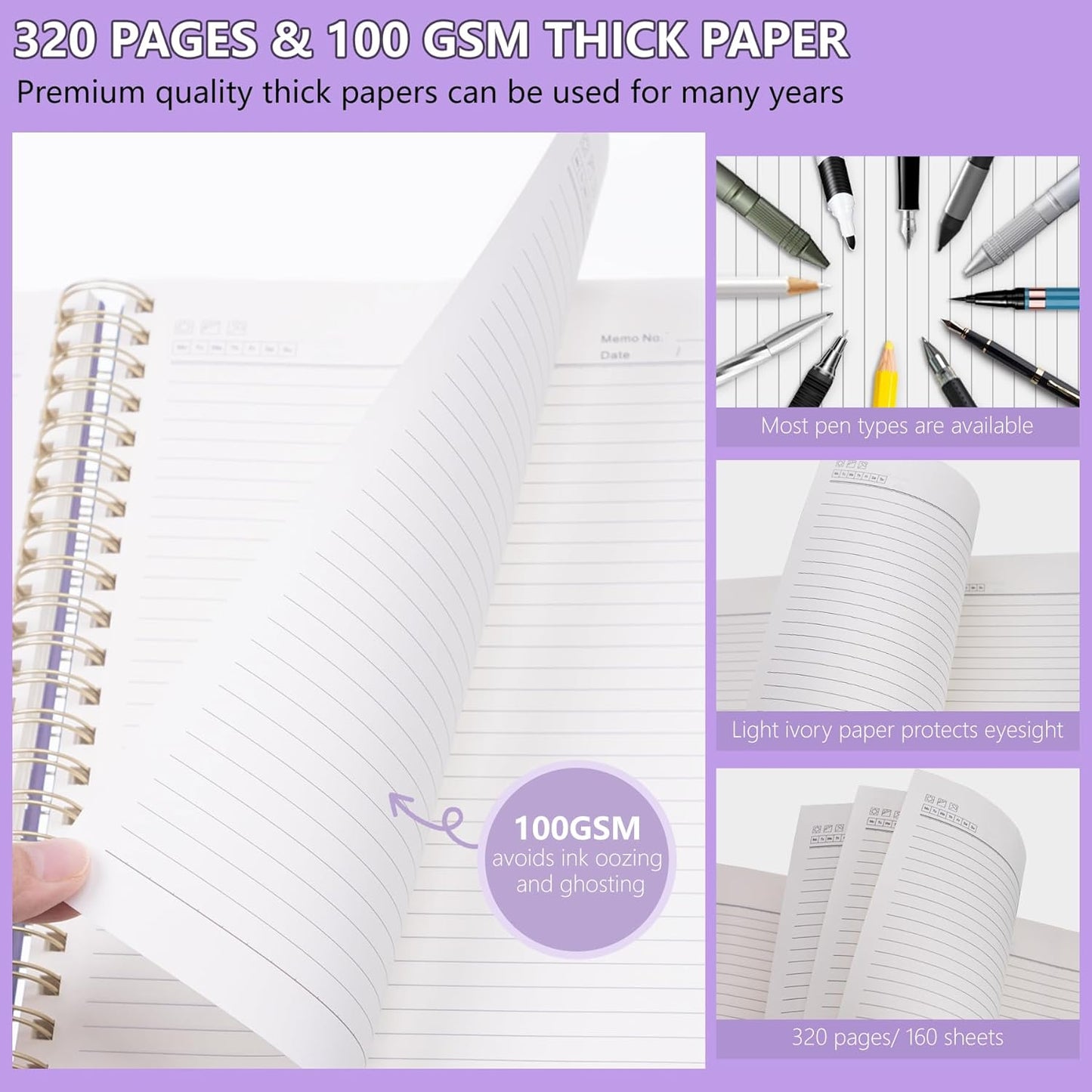 HAUTOCO Spiral Notebook, B5 Purple Hardcover Leather Notebooks, College Ruled Notebook with 320 Pages, 100 GSM Paper, 7"x 9.7" Lined Journaling Notebooks for Girls Women Work School Office