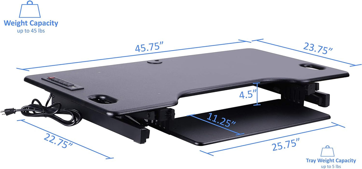 Rocelco 46" Standing Desk Converter with AC USB Charger and Triple Monitor Mount Arm - Height Adjustable Sit Stand Up Three Screen Riser Workstation - Keyboard Tray - Black (R DADRB-46-ACUSB-DM3)