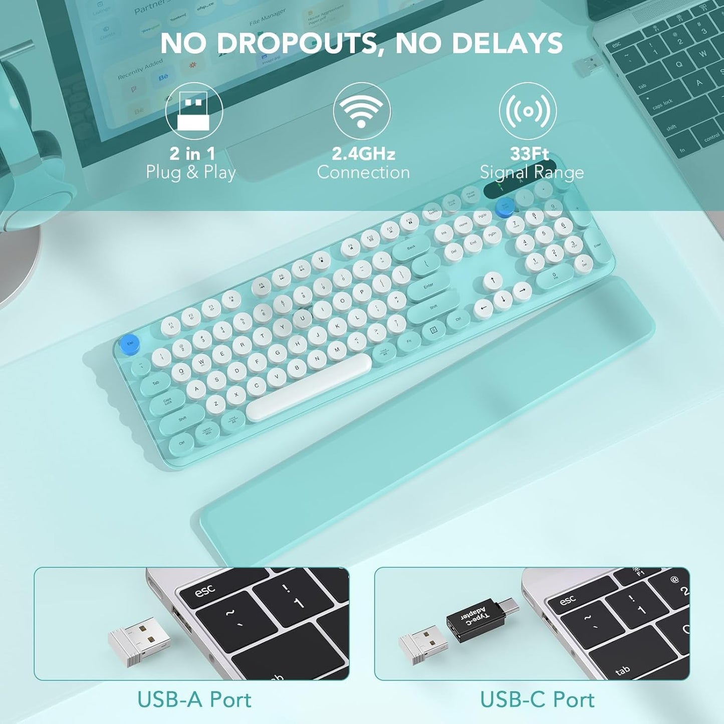 Wireless Keyboard, Round Keycaps, Retro Typewriter Keyboard with Detachable Wrist Rest, Sleep Mode, Foldable Legs, 2.4GHz Full-size Cordless Computer Keyboard for Windows/PC/Laptop (Robin Egg Blue)
