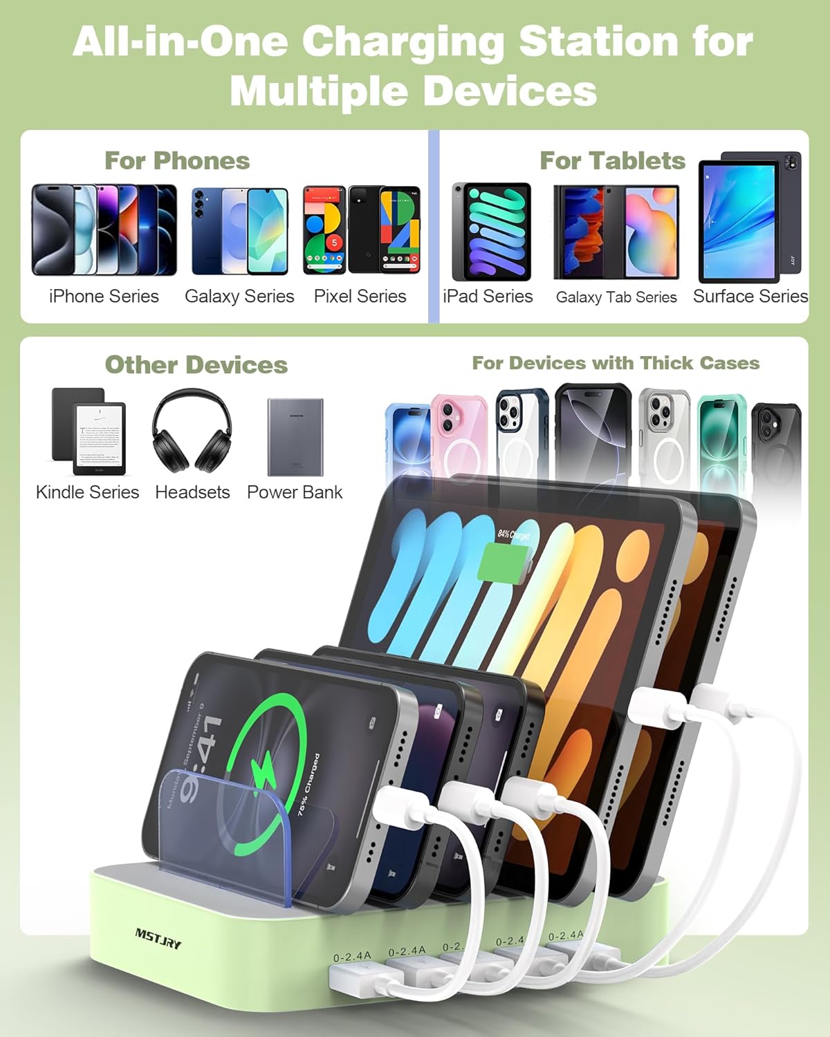 MSTJRY Charging Station for Multiple Devices : 5 Port Multi USB-A Charger Stations Multi-Device Organizer Charging Dock Designed for iPhone iPad Cell Phone Tablets (7 Short Cables Included), Cyan