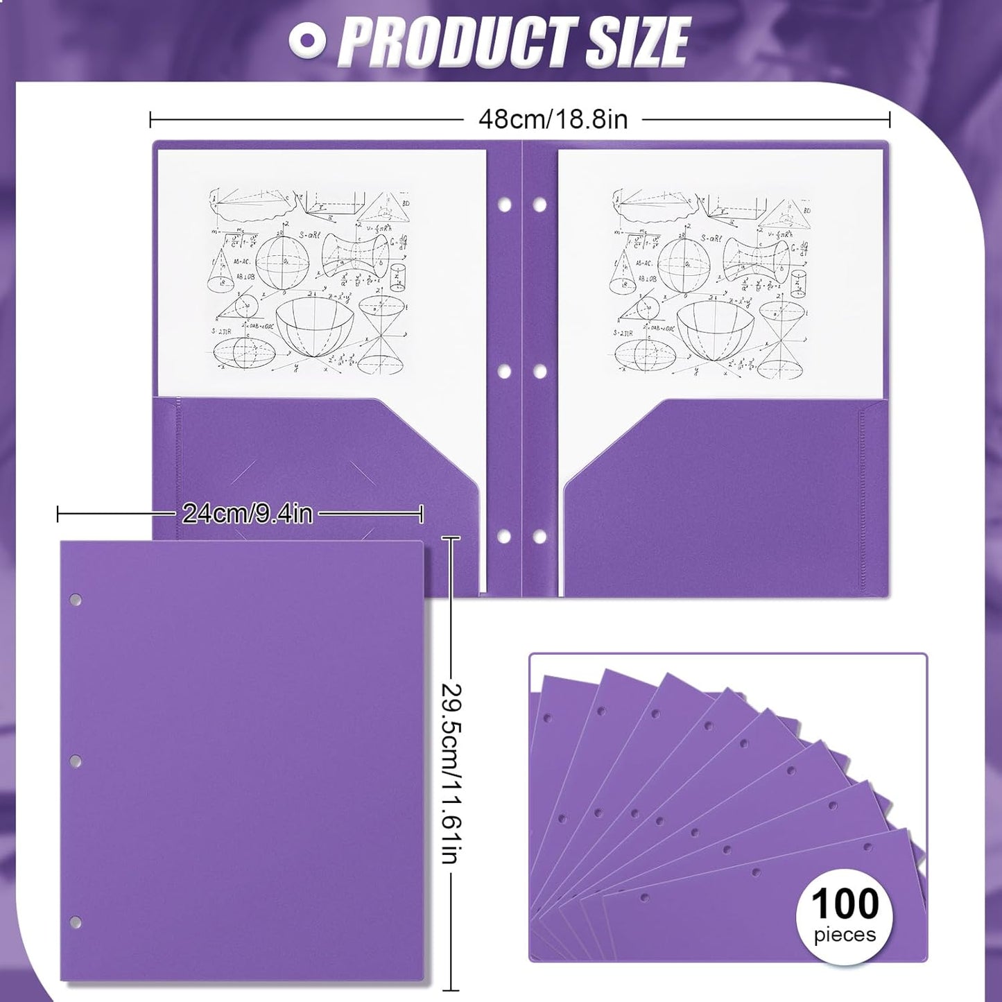 Yeaqee 100 Pcs Plastic Folders with Pockets Bulk 3 Hole Punched 2 Pocket File Folders for 3 Ring Binder Divider Folder for Notebooks, Durable Poly for Office Home (Purple)