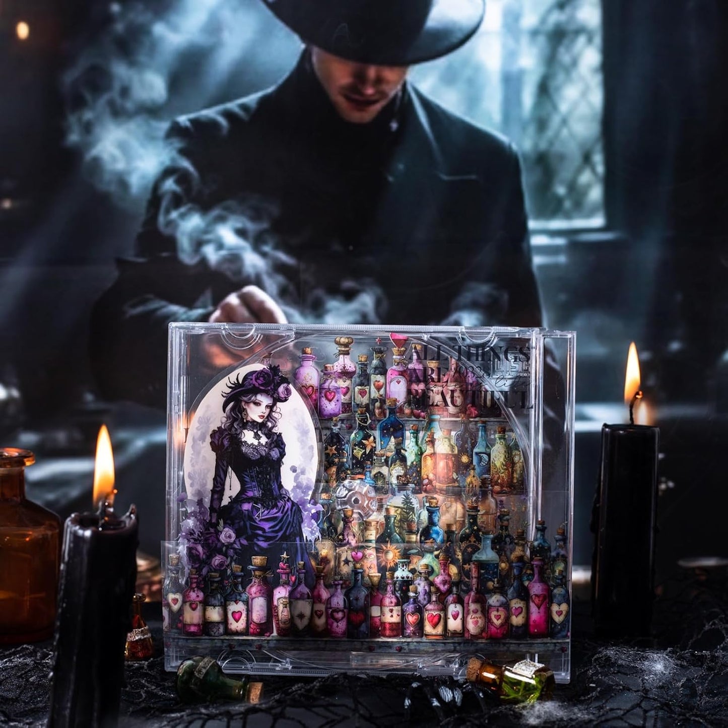 6 Rolls Witch Potion Bottle PET Tape Set with Clip, Waterproof Gothic Scrapbook Sticker Rolls for Journaling, Bullet Journals, and Dark Aesthetic Crafting