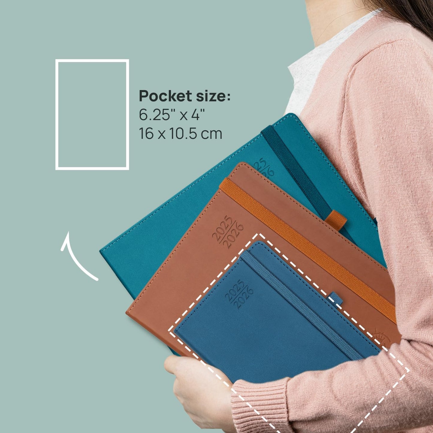 POPRUN Pocket Planner 2025-2026 (Purse Size 4'' x 6.25'') Academic Small Calendar (July 2025 - June 2026) with Hourly Time Slots, 100GSM Thick Papers, Leather Soft Cover - Grey