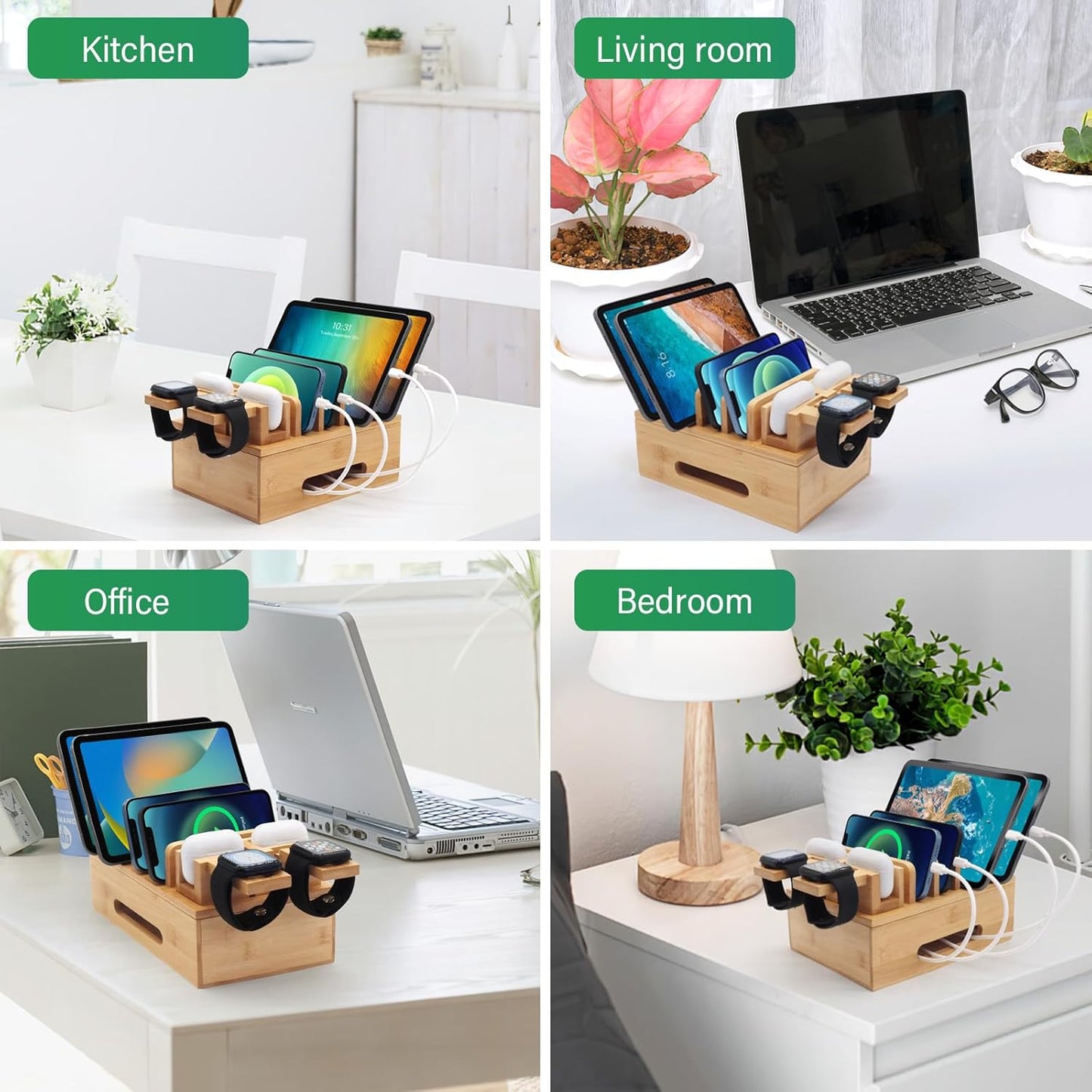 Bamboo Charging Stations for Multi Devices, Wood Desktop Docking Station Charger Organizer for Cell Phones, Tablets, Earphones, Watch (Includes 6 Charging Cables) (No Power Supply)