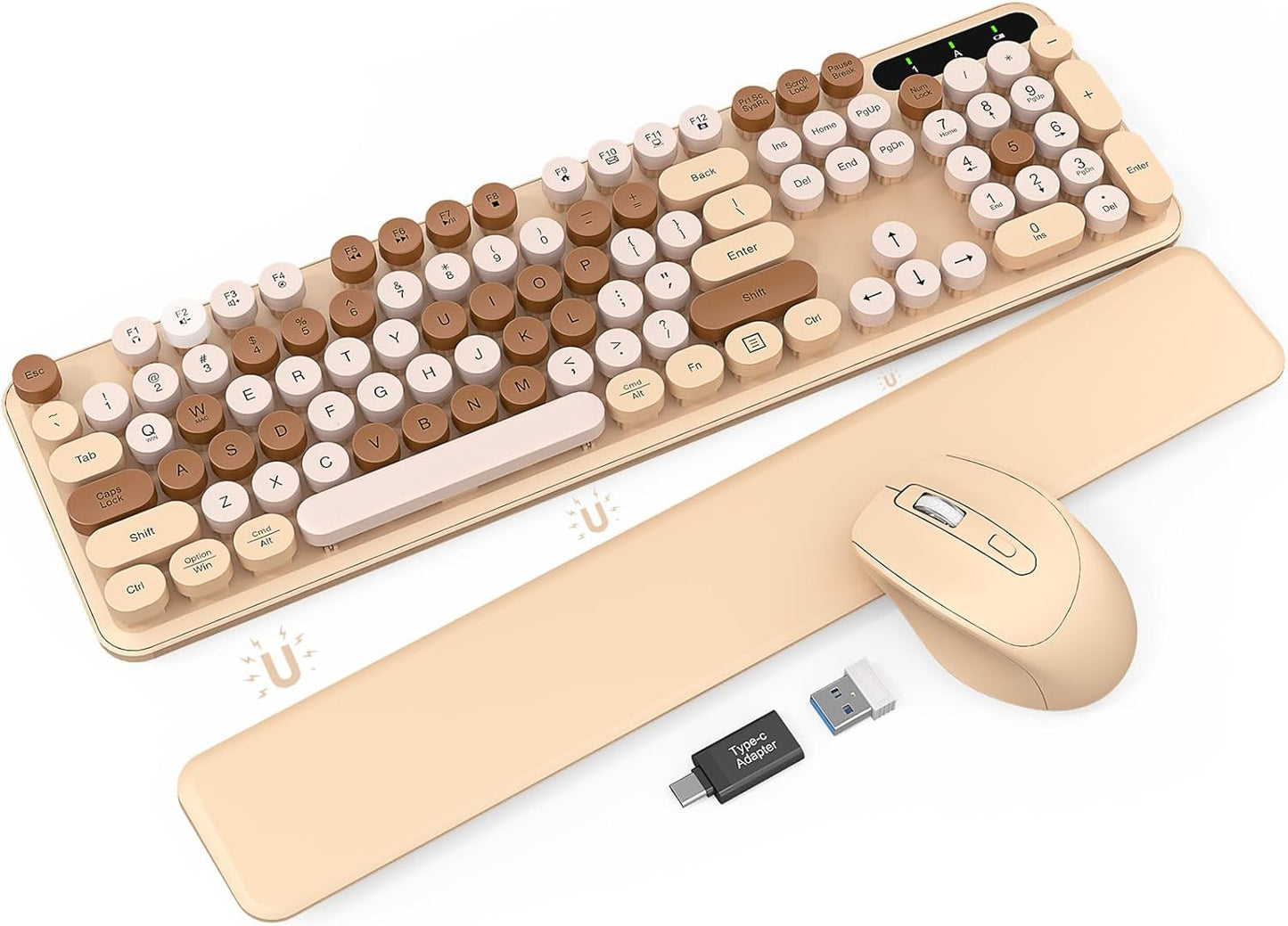 Wireless Keyboard and Mouse Combo - Cute Typewriter Keyboard with Detachable Wrist Rest, Retro Round Keycaps, Foldable Legs, 2.4GHz Full-Size Keyboard for PC, Laptop, Mac, Windows - Trueque (Latte)