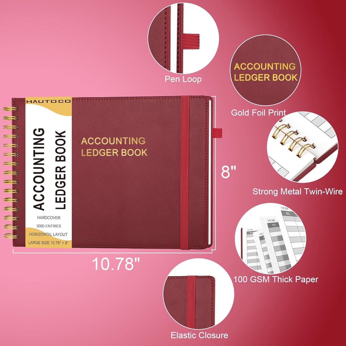 HAUTOCO Hardcover Accounting Ledger Book for Small Business Bookkeeping Horizontal Money Expense Tracker Notebook with 2 Storage Pouch, Personal Columnar Log Journal 10.78 x 8'', Cherry Red